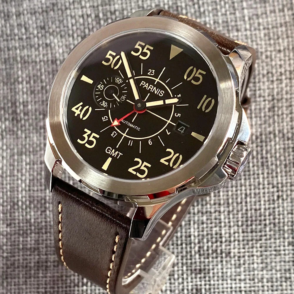 PARNIS GMT Pilot Vintage Automatic Watch for Men 316L Stainless Steel Leather Band Glass Back ST2557 Movement Sports Watches