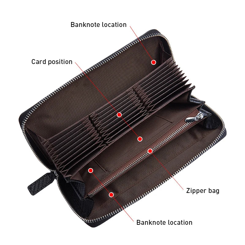 BISON DENIM New Designer Men's Long Wallet High Quality Carbon Fiber Purse RFID Blocking Bill Card Holder Large Capacity Wallet