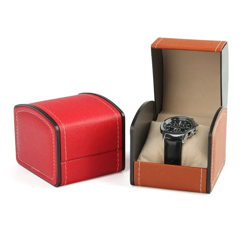 Black Single Watch Gift Box with Pillow PU Leather Wristwatch Display Case Organizer for Men Clamshell PU leather watch case