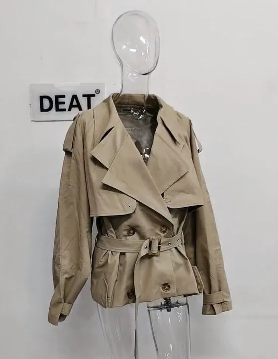 DEAT Fashion Women Cotton Trench Coat Lapel Raglan Sleeve Double Breasted Solid Color Short Windbreaker Autumn 2025 New 7AB1302