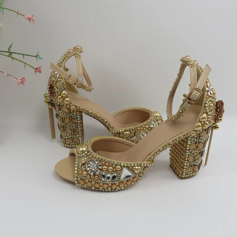 Champagne Crystal Bridals Party shoes 11cm Strange Heel Women Summer Sandals Evening Party shoes Open Toe Sandals Ankle Strap