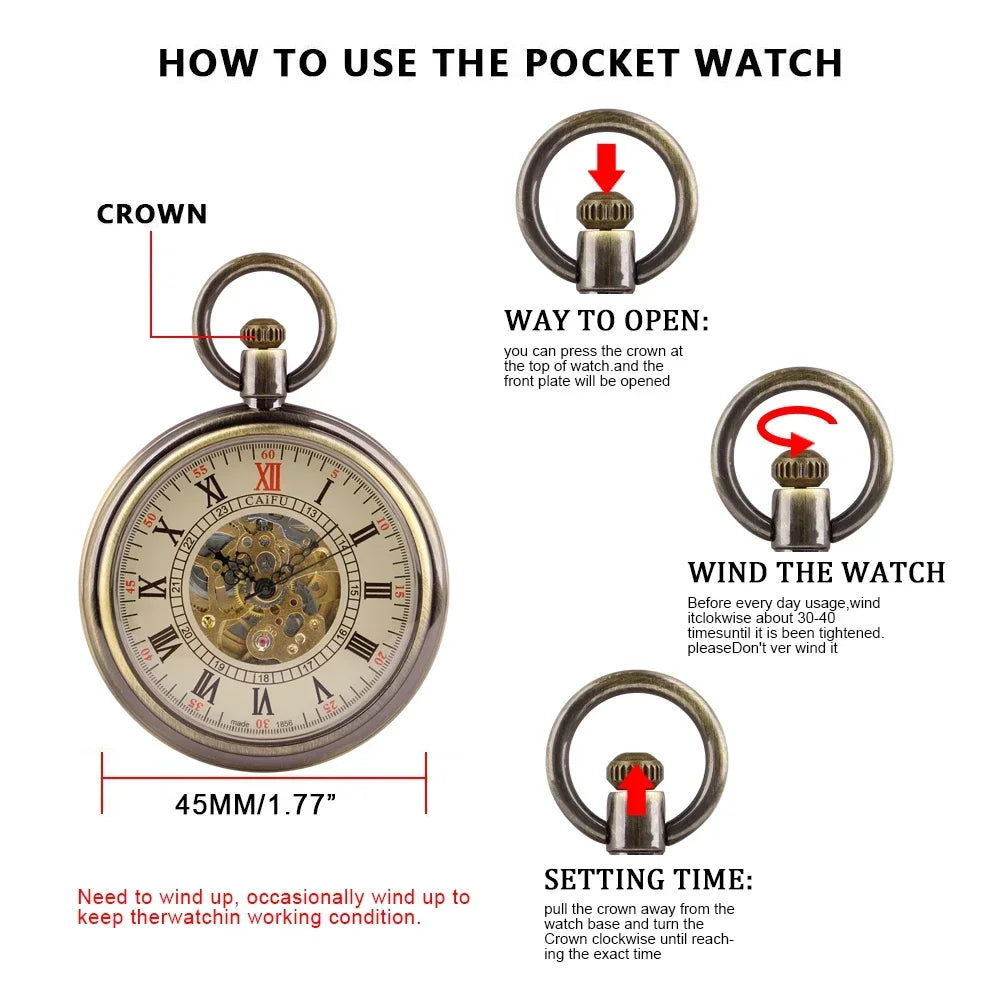 Open Face Roman Numerals Display Automatic Pocket Watch Bronze Metal Case Retro Punk Pendant Self Winding Pocket Clock
