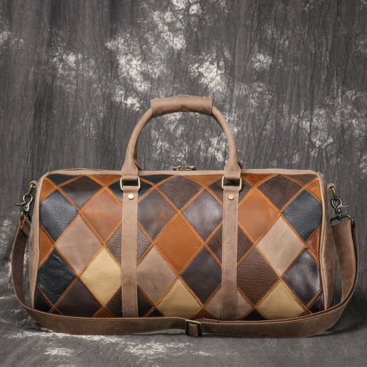 Vintage New Men's Genuine Leather Quilted Top-Layer Cowhide Handbag Travel Bag Shoulder Crossbody Business Luggage Bag