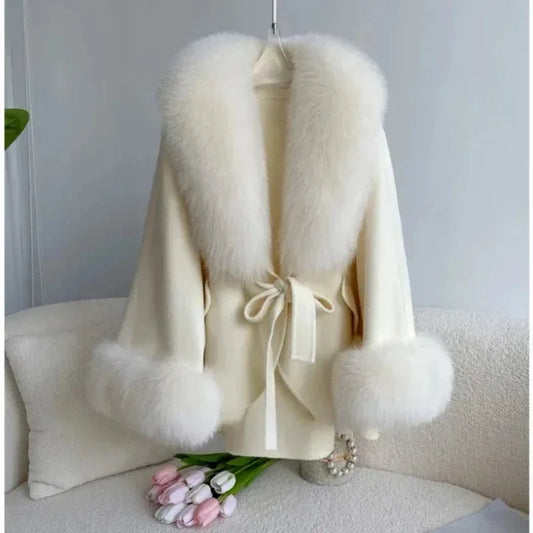 2023 Cashmere Wool Blends Coat Winter Autumn Women Jacket Real Fox Fur Collar Loose Thick Warm Outerwear Streetwear