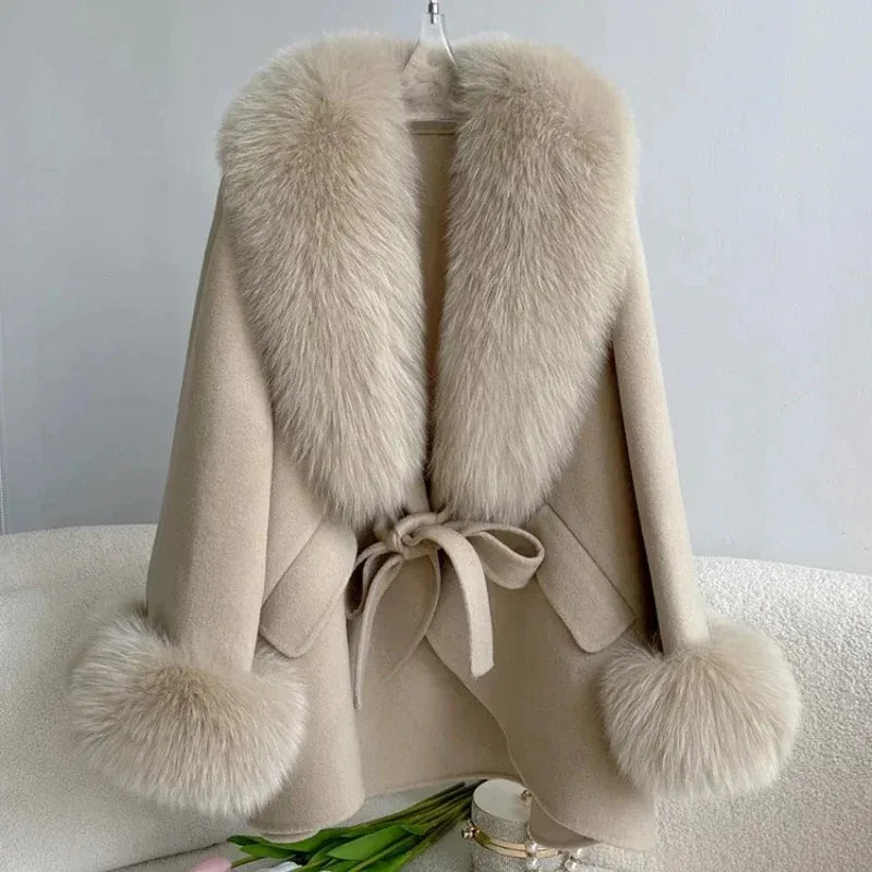 2023 Cashmere Wool Blends Coat Winter Autumn Women Jacket Real Fox Fur Collar Loose Thick Warm Outerwear Streetwear