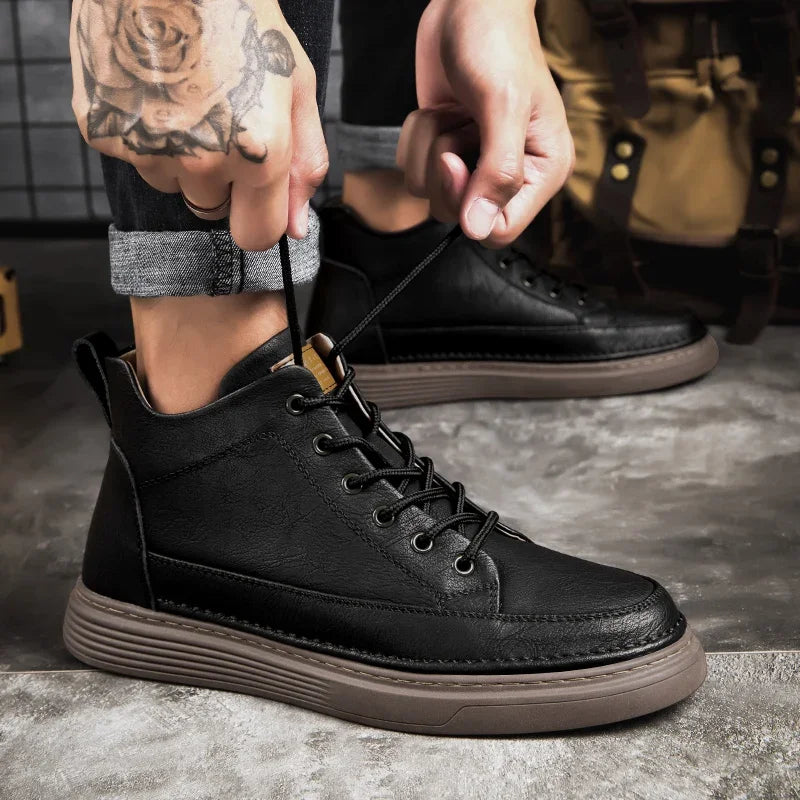 Spring Genuine Leather Mens Ankle Boots Men High Top Sneakers Classic Skate Shoes For Men Casual Footwear Handmade Boots Male