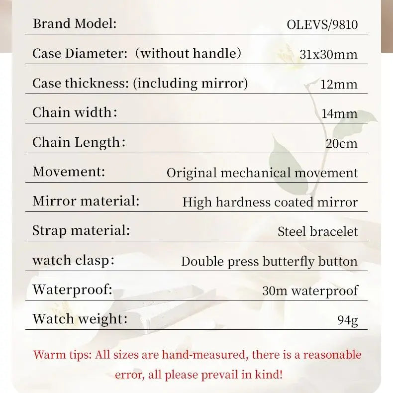 OLEVS 9810 Women Watch Automatic Mechanical Watch Simple Roman Scale Square Diamond Women Watch Waterproof Calendar Dress Watch
