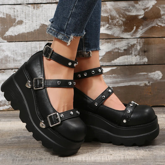 Brand New Ladies Goth Platform Pumps Fashion Heart Buckle Rivet Punk Wedges High Heels women's Pumps Party Street Shoes Woman