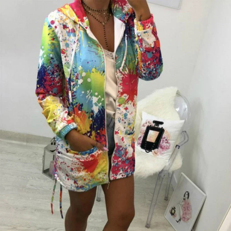 Black Jackets Women Outerwear Coats 2025 Jackets Female Fashion Tie Dyeing Print Outwear Sweatshirt Hooded Zopper Coat Harajuku