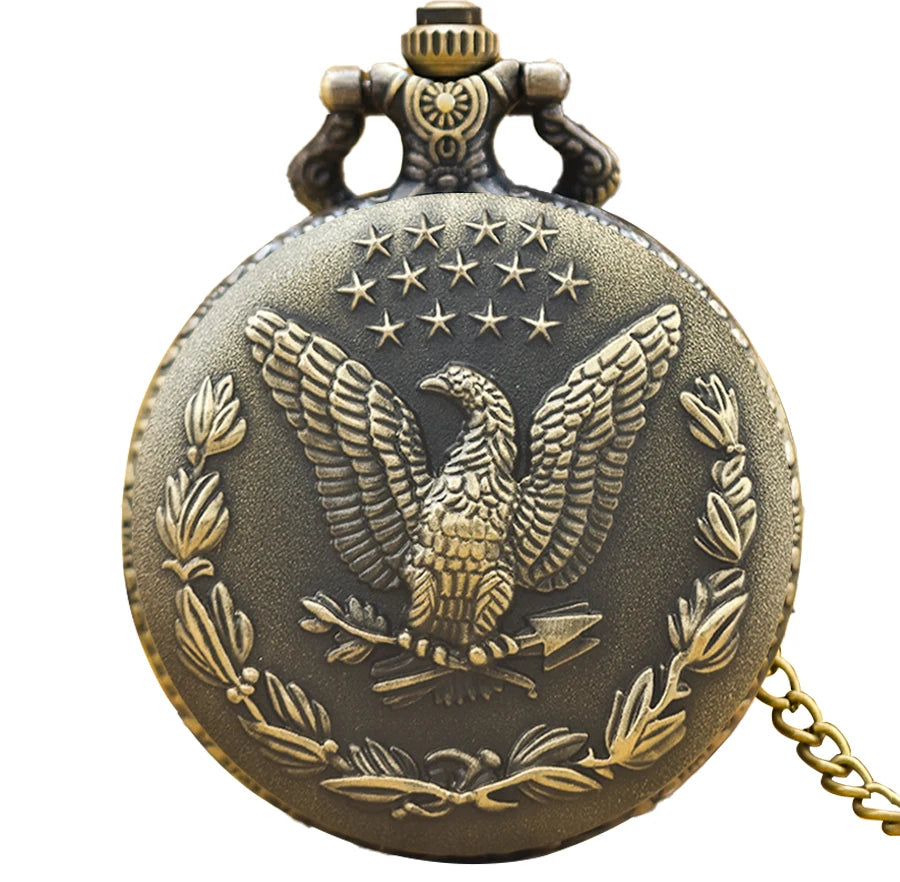 Vintage Bronze Steampunk Star Eagle Carved Quartz Pocket Watch Necklace Pendant Clock Chain Men Women Chain Gift