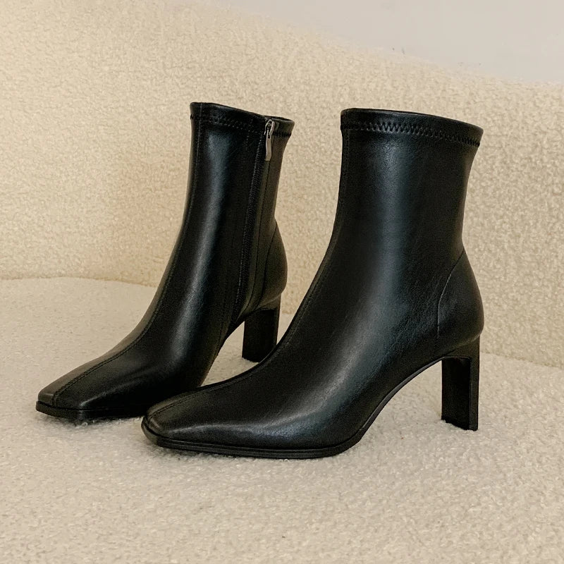 JOZHAMTA Size 34-40 Real Leather Ankle Boots For Women Stone Block High Heels Shoes Winter 2025  Fashion Office Lady Dress
