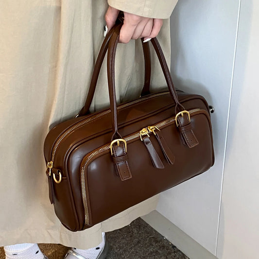 Vintage Handbags for Women Solid Pu Leather Tote Bags Large Capacity Female Commute Wide Strap Crossbody Packs 2024 New
