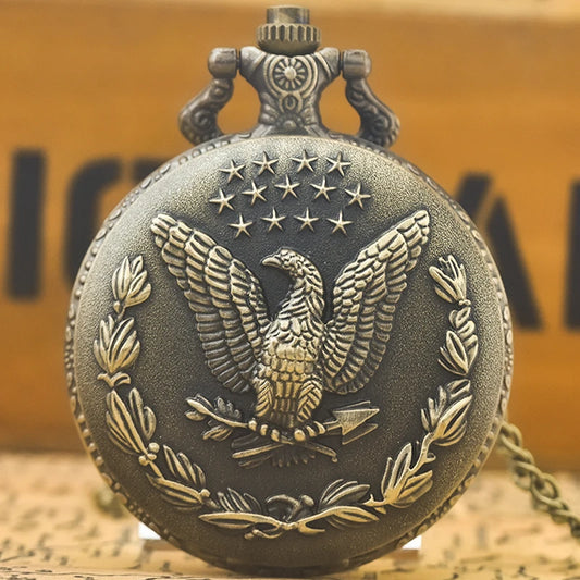 Vintage Bronze Steampunk Star Eagle Carved Quartz Pocket Watch Necklace Pendant Clock Chain Men Women Chain Gift
