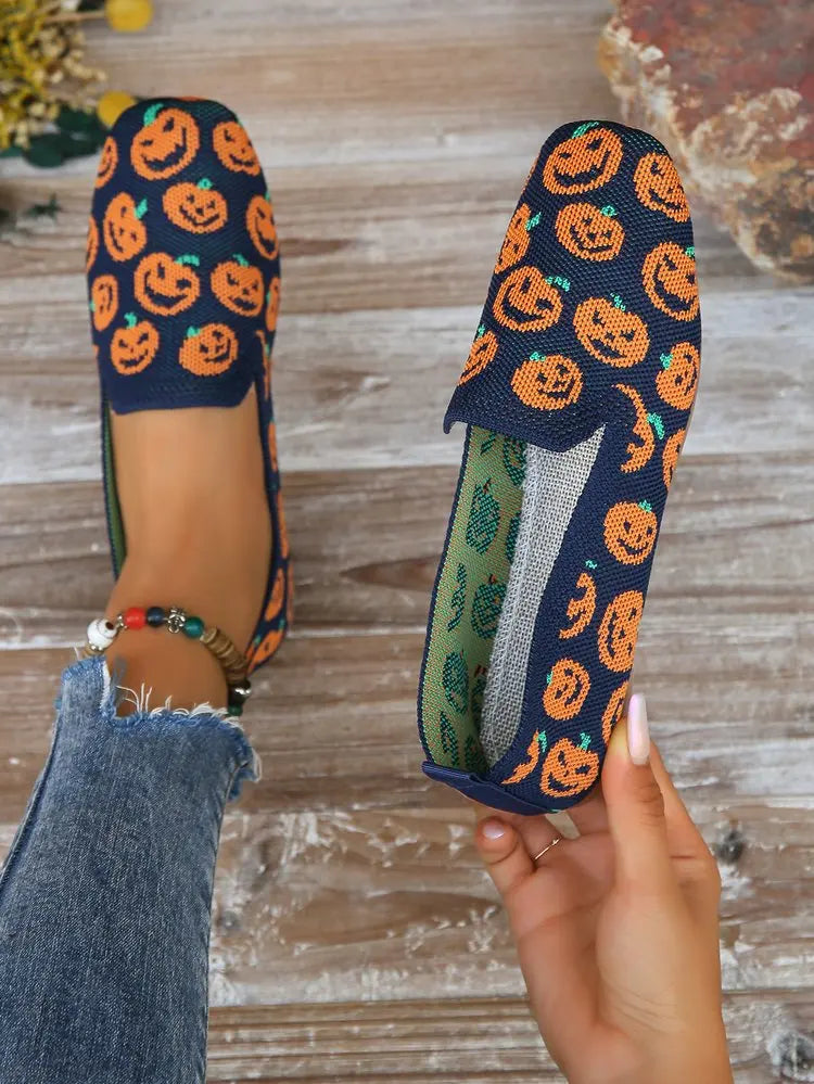 Flat Mesh Knitted Striped Flats Shoes for Women Autumn New Light Slip on Flat Casual Shoes Ladies Square Toe Breathable Sneakers