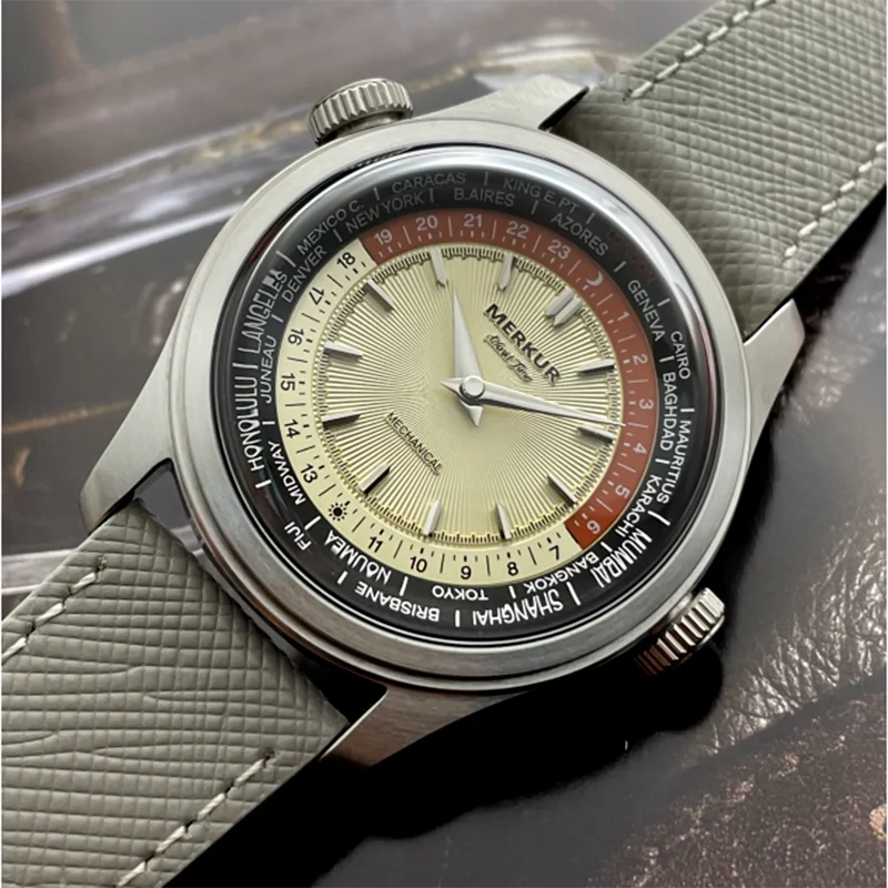 2025 NEW Merkur Dual Crown Universal Time Watch Retro Manual Mechanical Watches for Men Watch Vintage 38mm Reloj Hombre Black