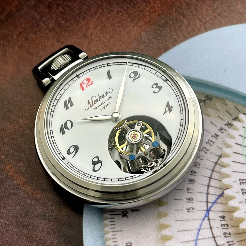 Merkur True Tourbillon Vintage Pocket Watch Salmon Enamel Dial Men's Manual Mechanical Watch 42mm NEW Waterproof