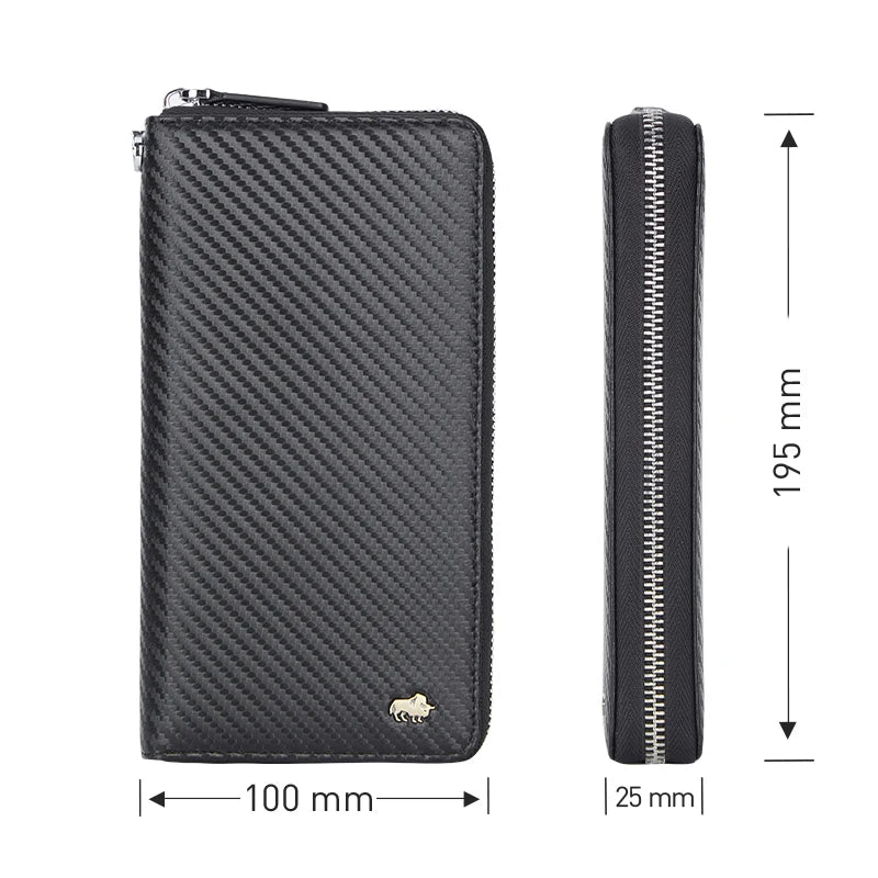 BISON DENIM New Designer Men's Long Wallet High Quality Carbon Fiber Purse RFID Blocking Bill Card Holder Large Capacity Wallet