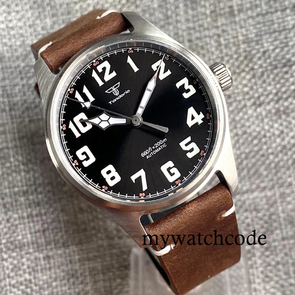 Waterproof Vintage Pilot Watch Tandorio Black NH35 Mechanical Clock Men Arabic Numerals 39mm Sport Clock Reloj Hombre Big Crown
