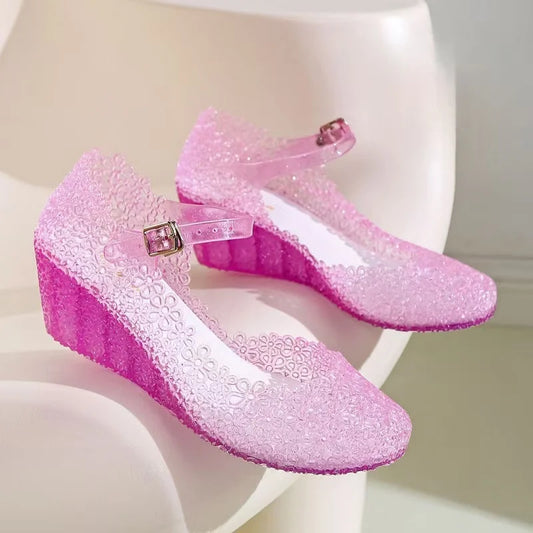 Women's Summer New Baotou Hollow Wedges Crystal Jelly Sandals Soft Sole Non Slip Breathable Buckle Strap Outdoor Beach Sandals