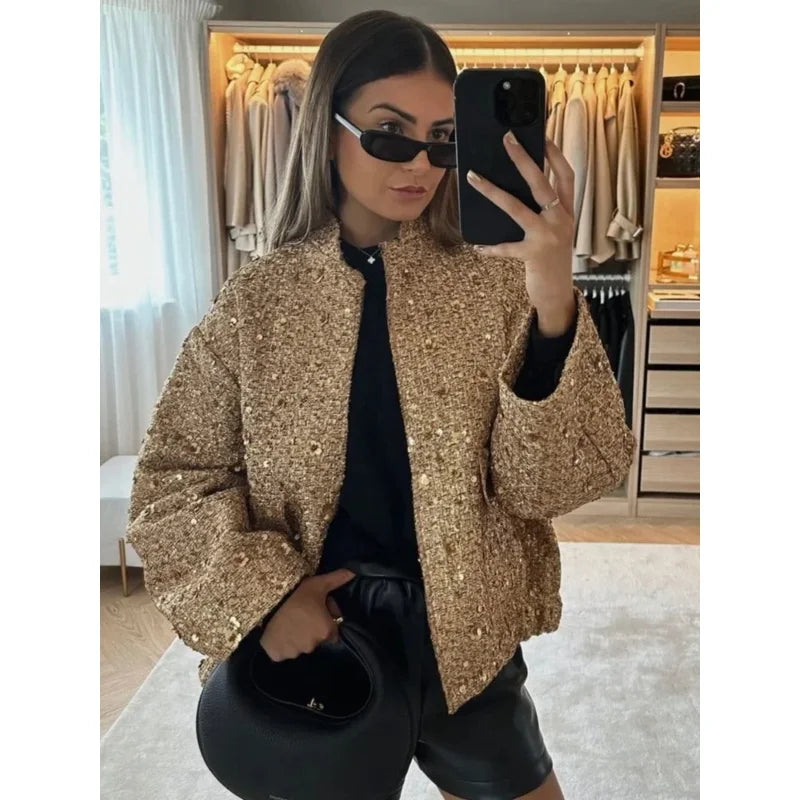 Jinia trendy sequins gold jacket for women 2024 loose stand collar long sleeve club jacket 2024 autumn office ladies outwear