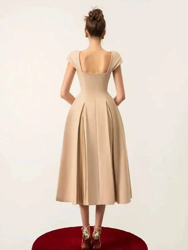 DEAT Elegant Dress Square Collar Backless High Waist Pleated Patchwork Women's Evening Dresses 2025 Autumn New Fashion 35Z405