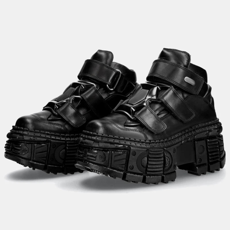 Men's Genuine Leather High-Top Platform Shoes Retro Street Style Dark Punk Muffin Bottom with Metal Accents Unisex