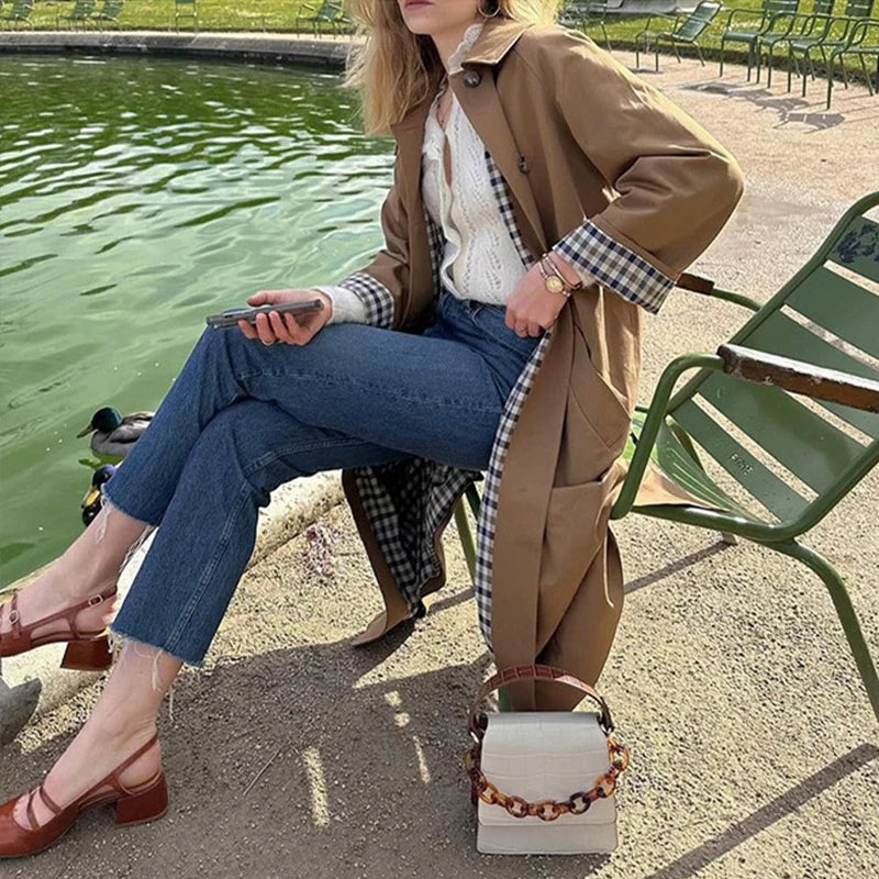 Flip Collar Single Breasted Long Jacket Cross border Fashion Women Personalized Street Slimming Trench Coat