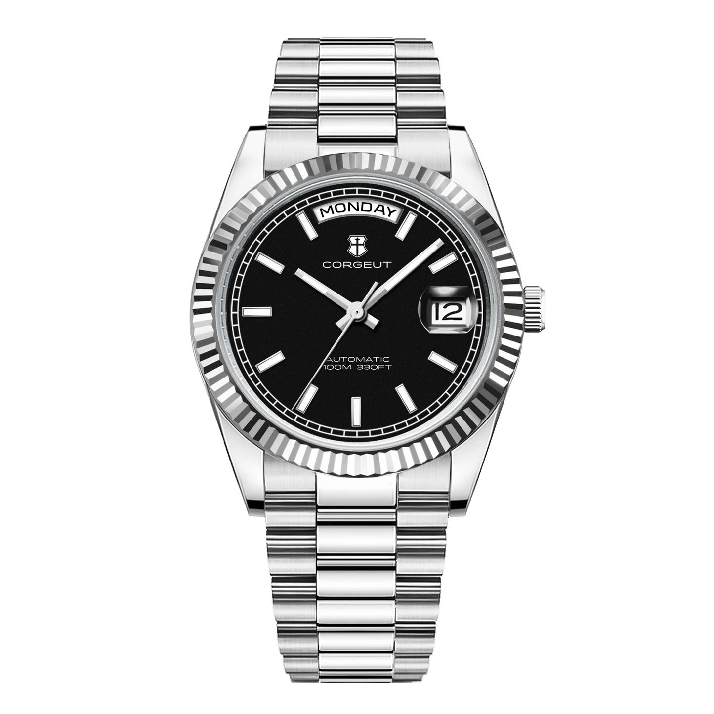 CORGEUT NH36 Mechanical Men's Watch Date of the Week Show President Chain Strap Steel Case Watch Threaded Arc Bezel waterp