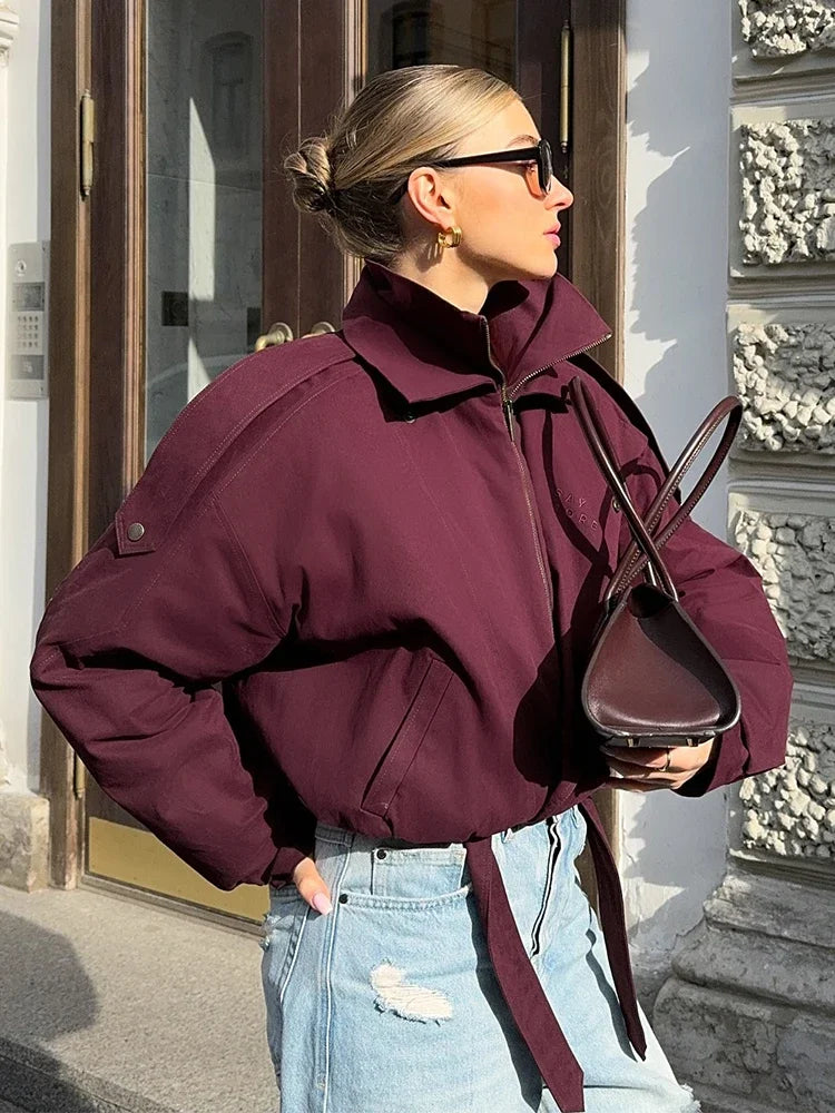 Women Solid Color Bomber Short Jacket High Collar Pocket Zipper Full Sleeve Coats Lady 2025 New Winter Fashion Highstreet Wear