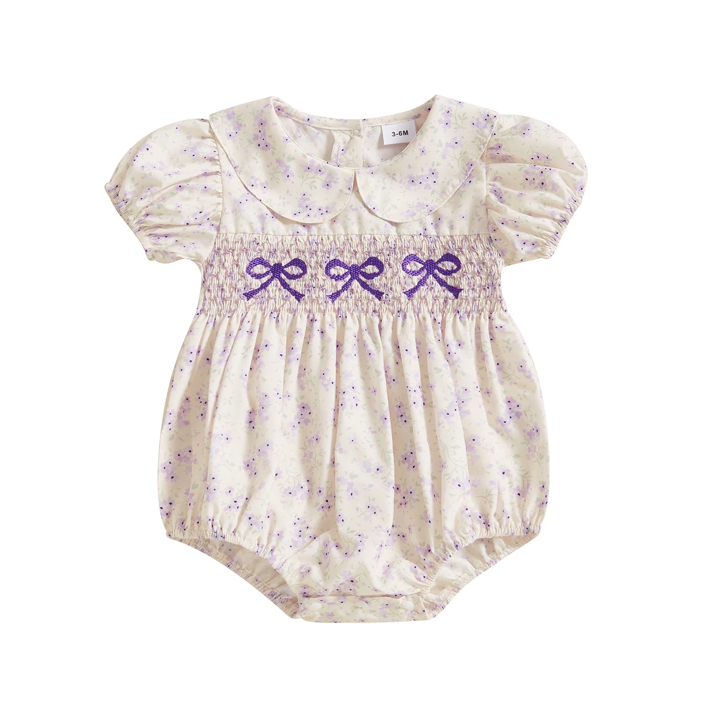 FOCUSNORM 3 Colors Lovely Baby Girls Rompers Bowknot Embroidered Print Doll Collar Short Sleeve Jumpsuits Summer Clothes