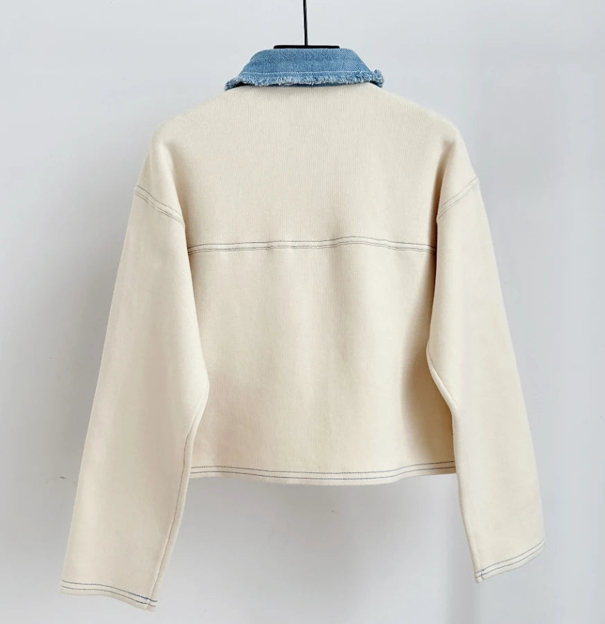 Women Denim Splice Knitted Coat Contrast Color Turn-down Collar Trimmings Single Breasted Sweater Cardigan for Lady