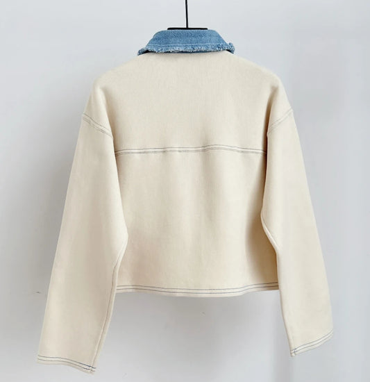 Women Denim Splice Knitted Coat Contrast Color Turn-down Collar Trimmings Single Breasted Sweater Cardigan for Lady