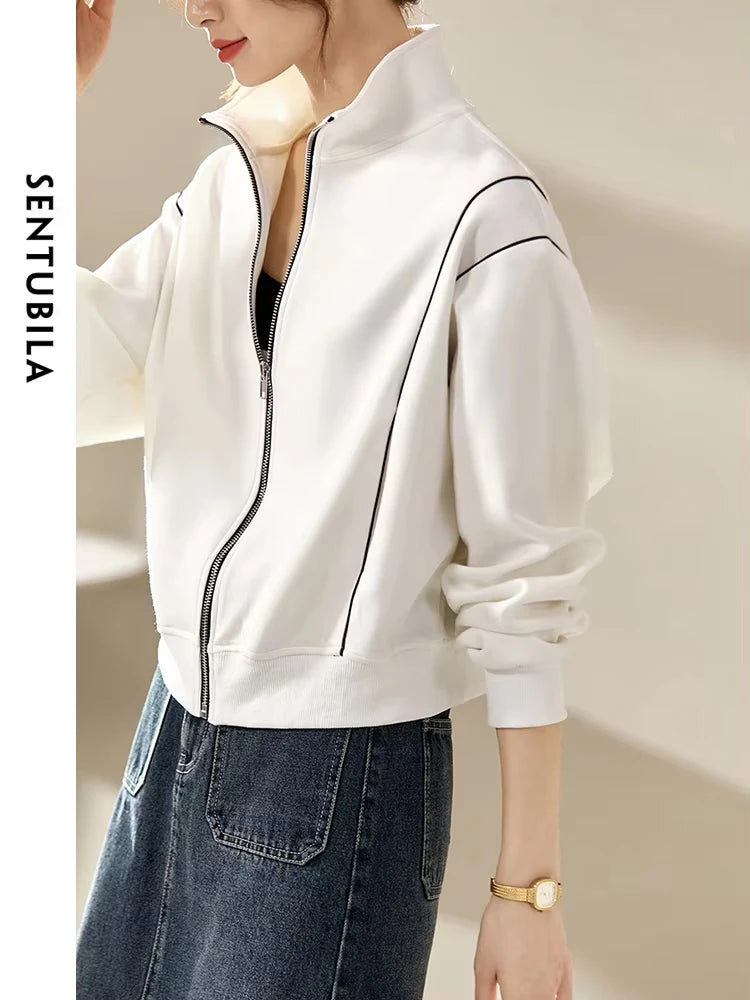 SENTUBILA Casual White Jacket Women Outerwear 2025 Spring Fashion Loose Stand Collar Full Zip Outdoor Short Coats 131W45929