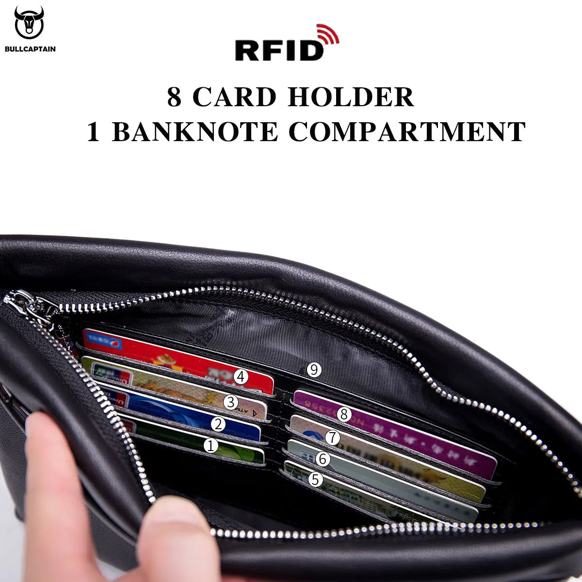 Bullcaptain Men's Long Wallet RFID Blocking Card Holder Men's Clutch Envelope Bag Business Casual Men's Underarm Bag Handbag