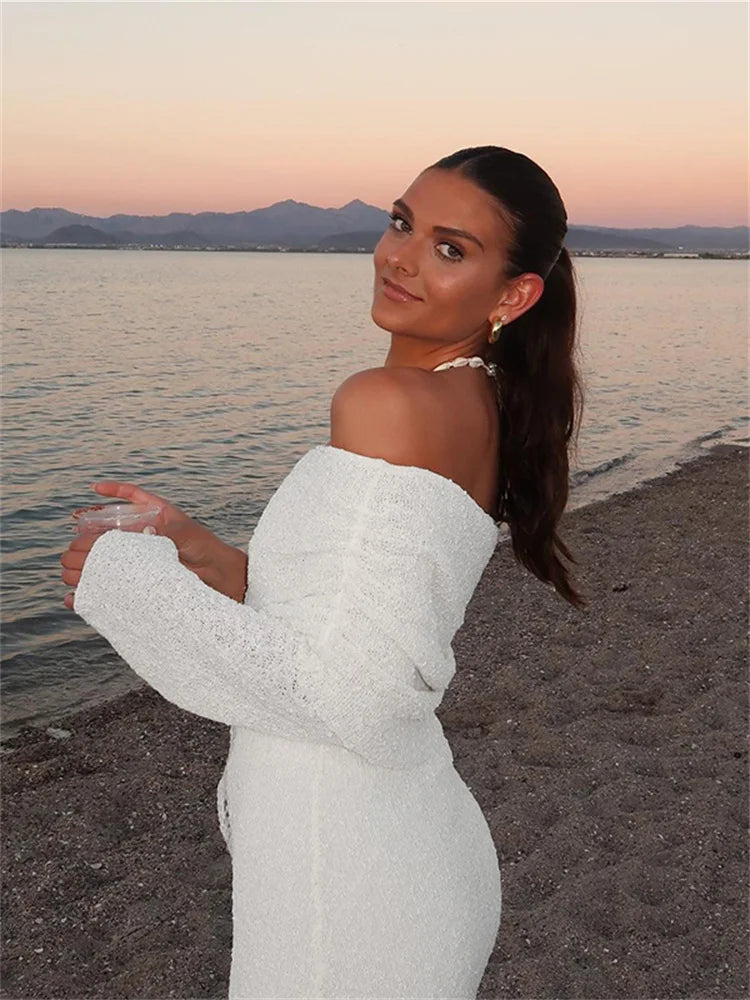 Whatiwear Sexy See Through Dress Women Ruched Slash Neck Flared Sleeve Vacation Fashion Beach Party Elegant Knit Mini Bodycon