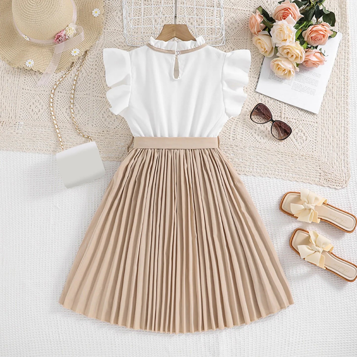 First Birthday Dresses Kids Children Girls Summer Sleeveless Patchwork Color Dress With Belt Casual Dress Baby Girl Floral Dress
