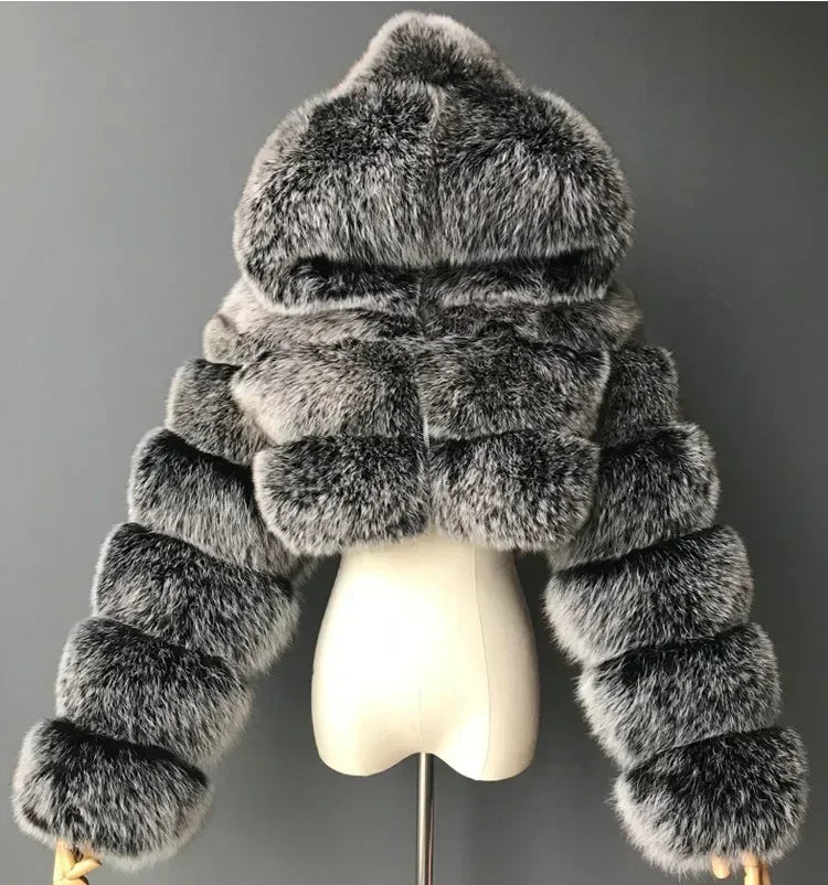 Fashion Warm Faux Fur Thicken Coat For Women Vintage Long Sleeve Hooded Short Female Jackets Autumn Winter Chci Lady Streetwear
