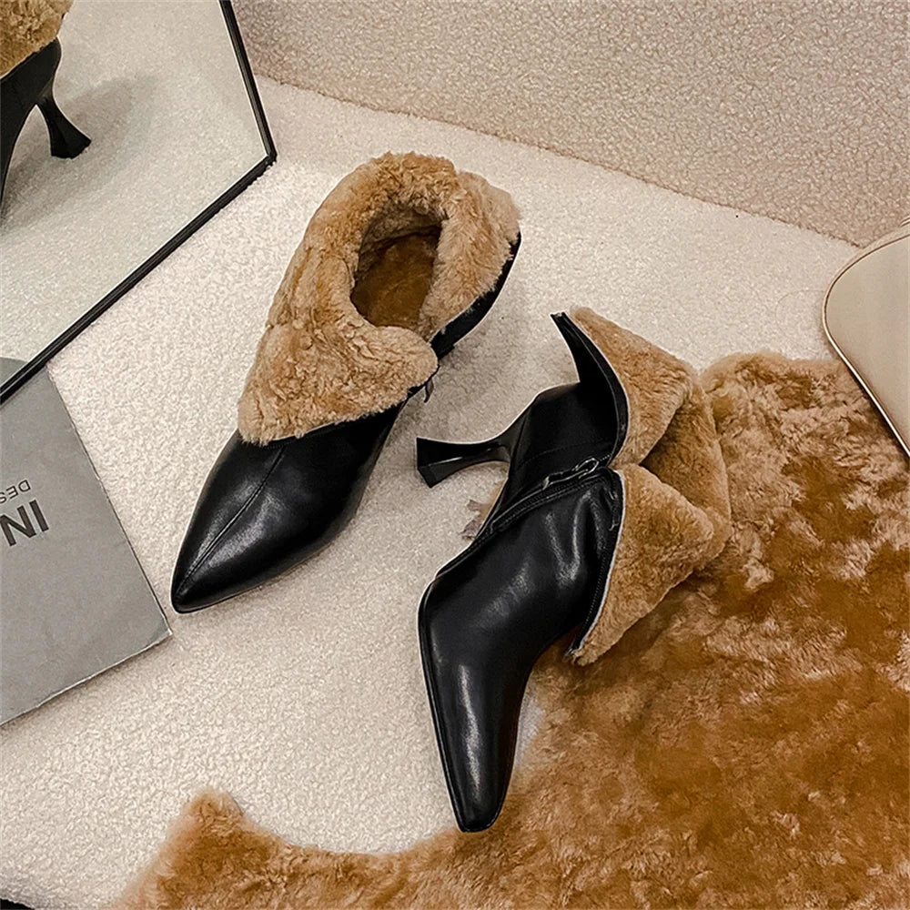 FEDONAS Fashion Sexy Women Wool Snow Boots Pointed Toe Winter Warm Short Ankle Boots Female High Heels Zipper Basic Boots