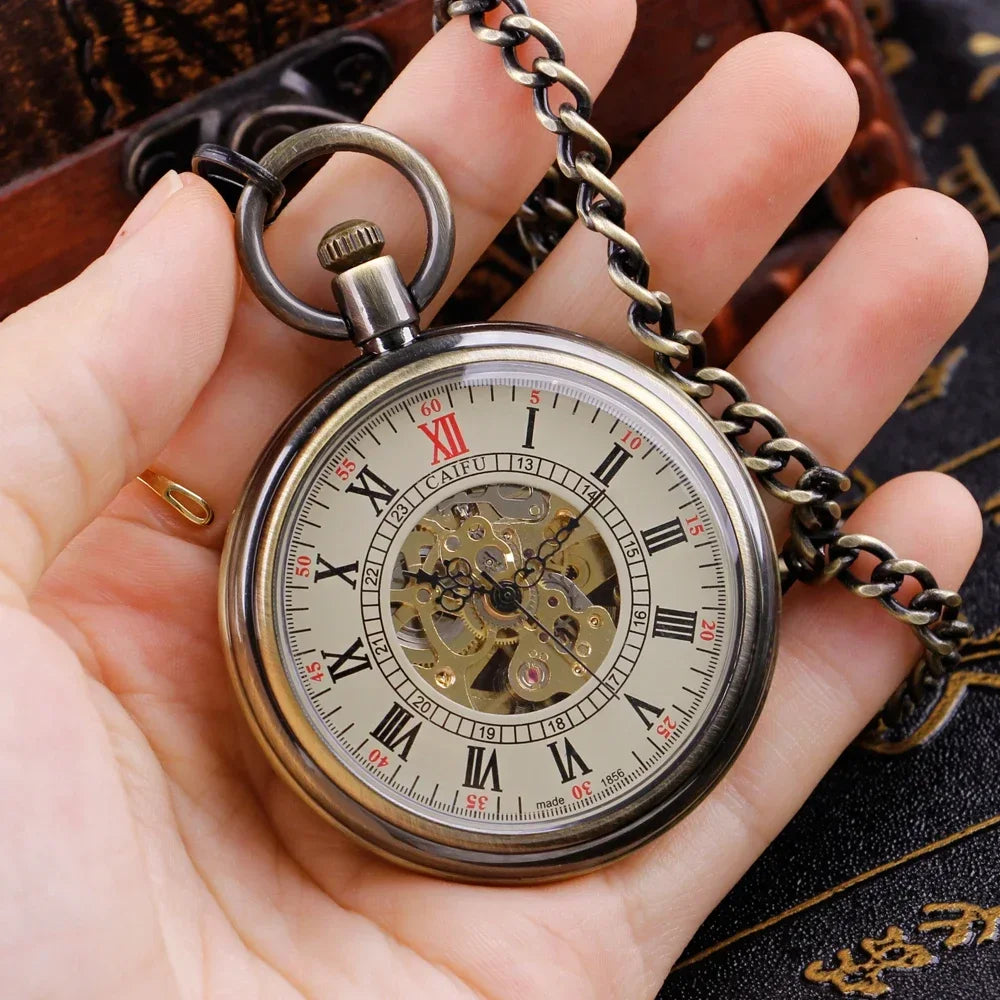 Open Face Roman Numerals Display Automatic Pocket Watch Bronze Metal Case Retro Punk Pendant Self Winding Pocket Clock