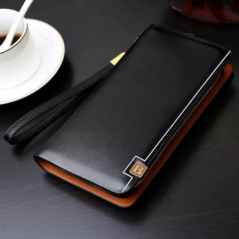 Luxury Brand Men Clutch Bag Leather Long Purse Double Zipper Business Wallet For Husband Gift Black Brown Male Casual Handy Bag