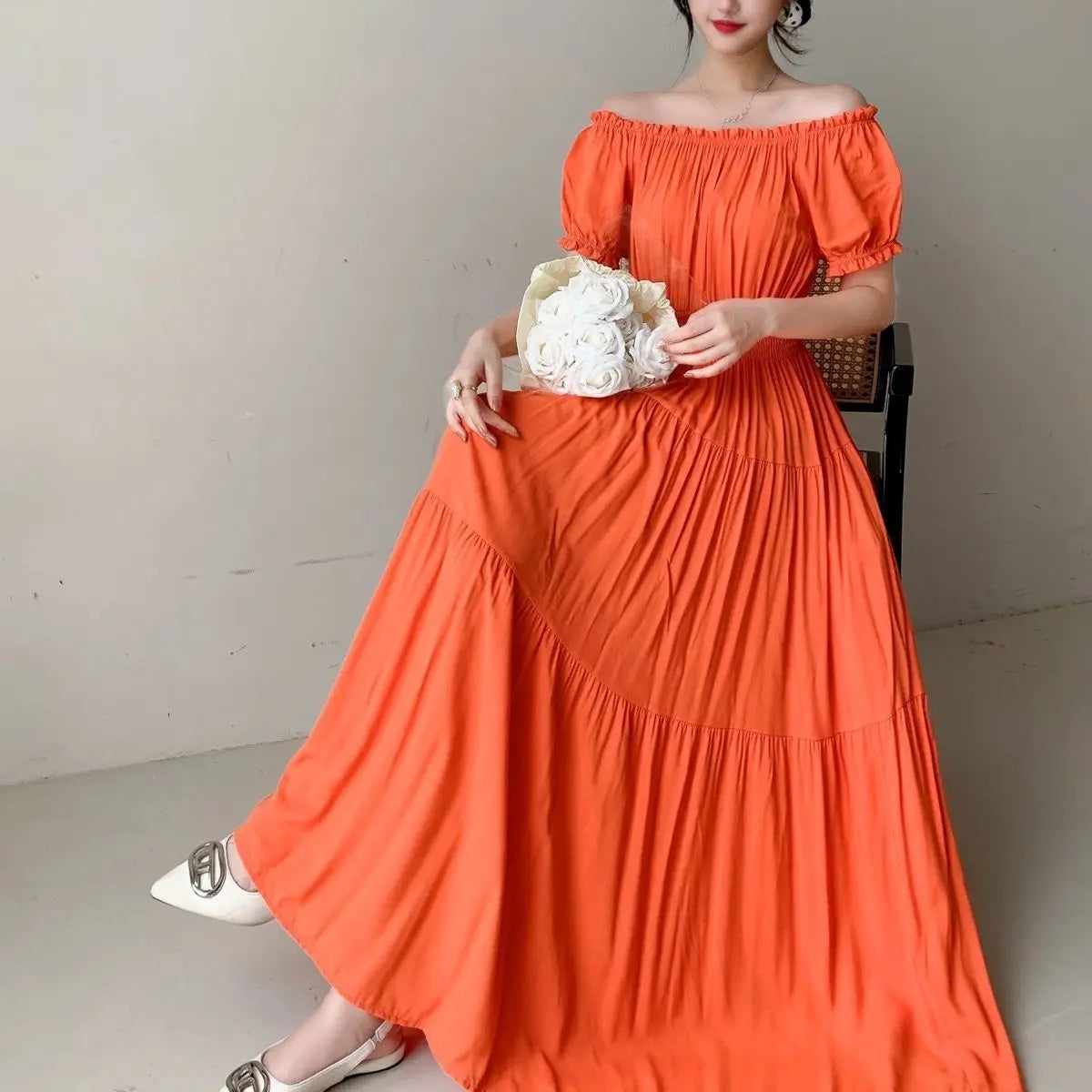 Cotton Silk floral Short sleeved Dress Beach vacation Big swing Dress New Summer 2025 Printed One neck Long Dresses