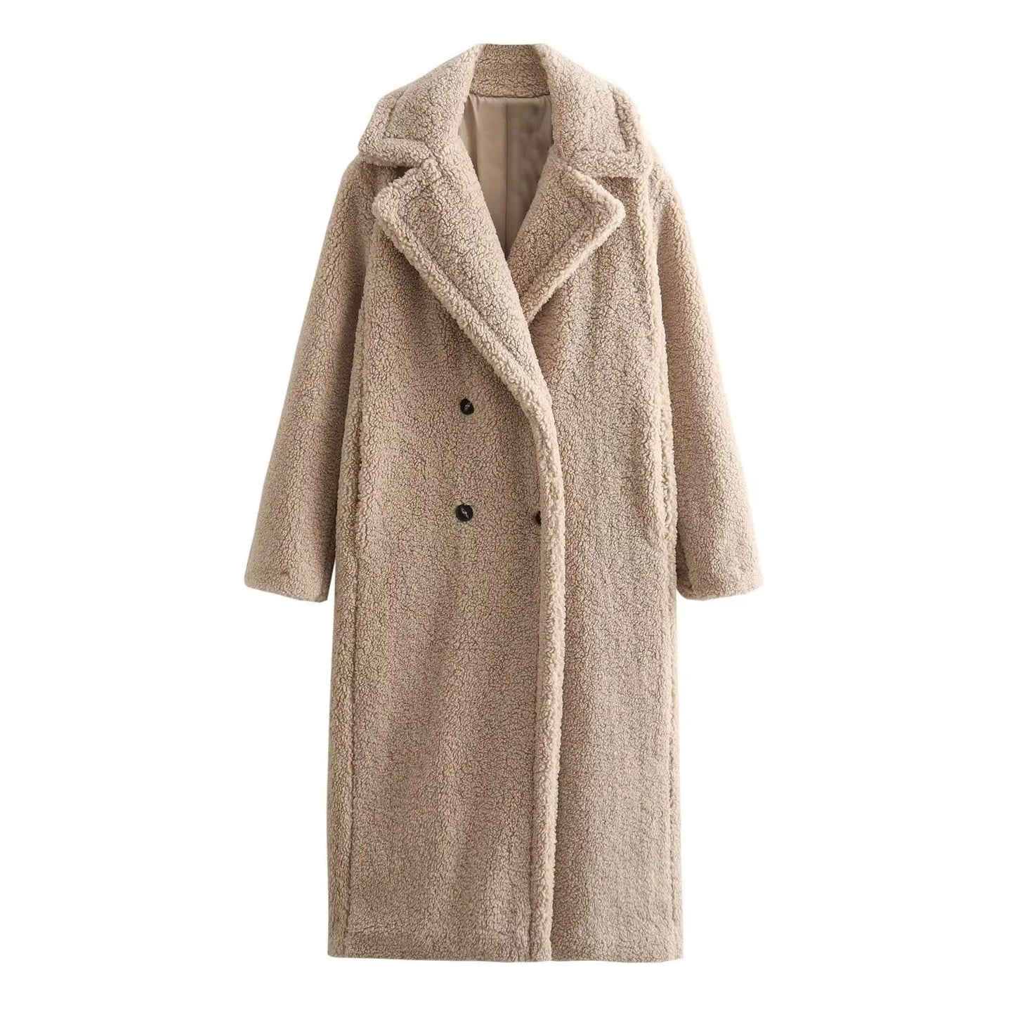 TRAFZA 2024 Winter Women Casual Solid Coat Double Breasted Fleece Coat Loose Fit Long Coat Women Vintage Oversized Long  Jacket