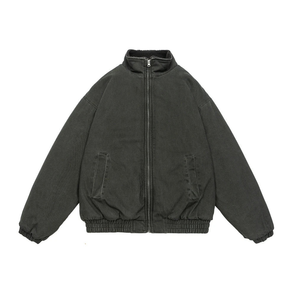 Autumn Winter American Lamb Wool Jacket Men Women Japanese Fashion Vintage Stand Collar Thick Coat Couple Trendy Jacket Unisex