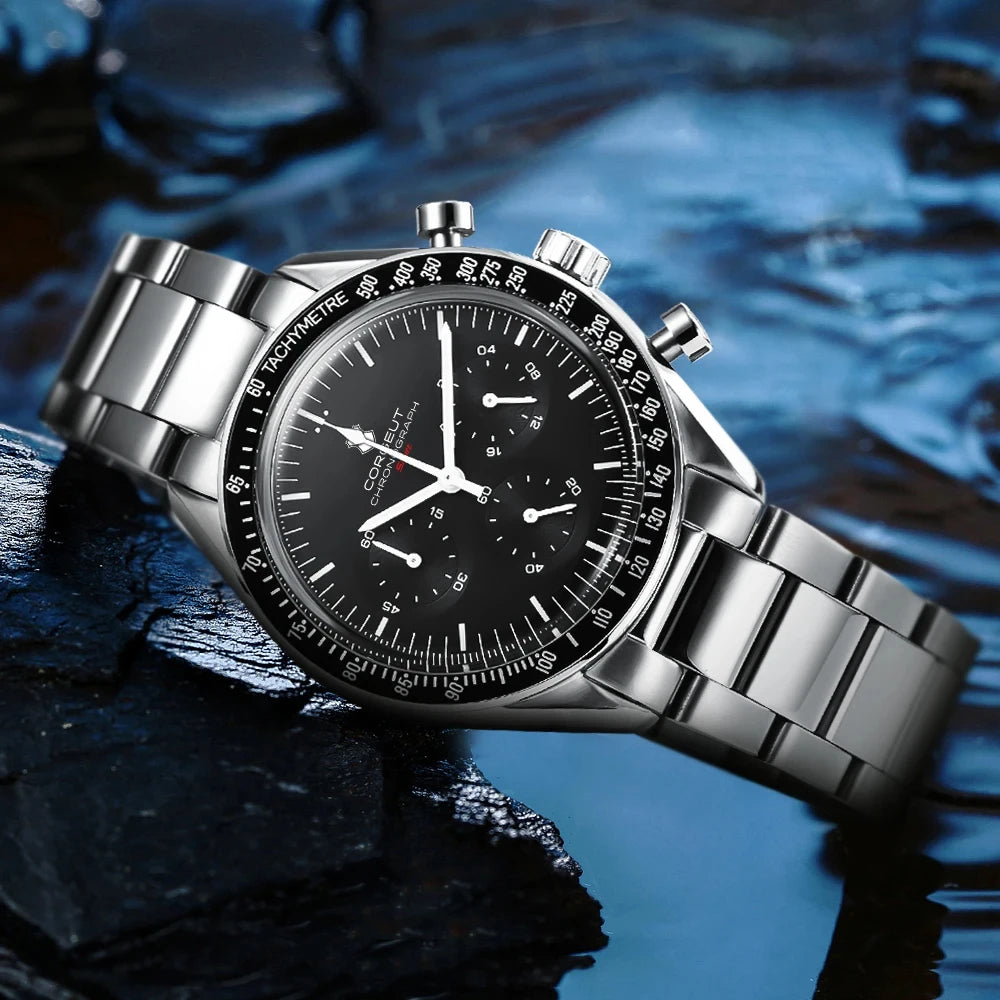 CORGEUT 40mm Vk63 Quartz Movement Watch Man Waterproof High Quality Luxury Mineral Glass Time Running Second Glow Watchs