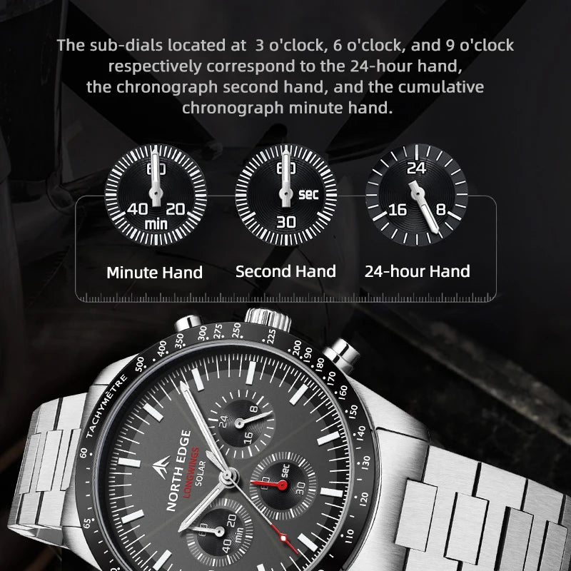 NORTH EDGE 2025 LONGWINGS Men Quartz Watch Solar Powered Stopwatch Waterproof 50M 316 Full Stainless Steel Luminous Pilot Watch