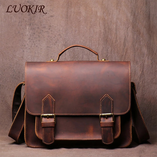 LUOKIR Men's Genuine Leather Handbag Vintage Cowhide Shoulder Crossbody Classic Flap Messenger Preppy Style Cambridge Book Bags