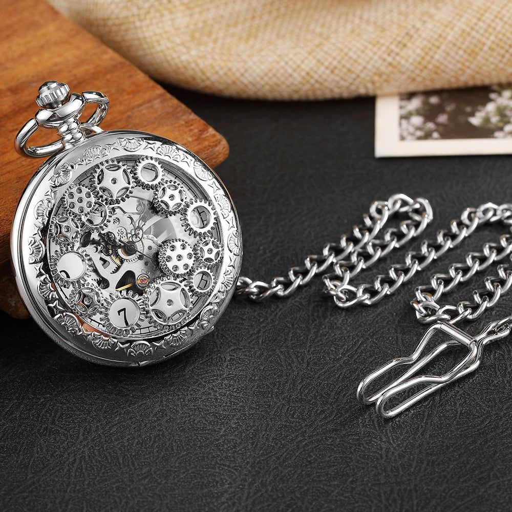 Retro Mechanical Pocket Watch Red Cross Hand-winding Silver Edelweiss Sculpture Hollow Vintage Skeleton Watches Men FOB Chain