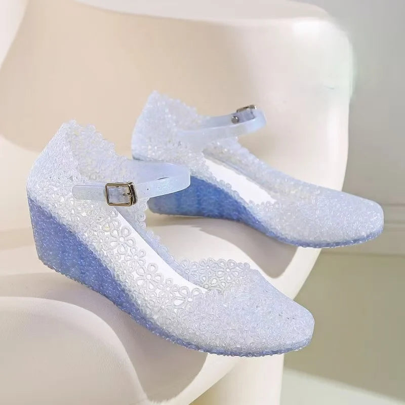 Women's Summer New Baotou Hollow Wedges Crystal Jelly Sandals Soft Sole Non Slip Breathable Buckle Strap Outdoor Beach Sandals