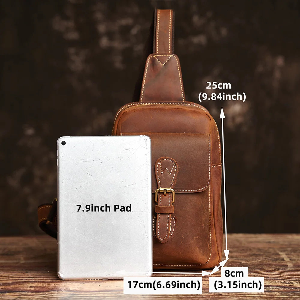 NUPUGOO Genuine Leather Chest Bag Vintage Men's Crossbody Bag Casual Shoulder Bag Daily Commute Small Satchel