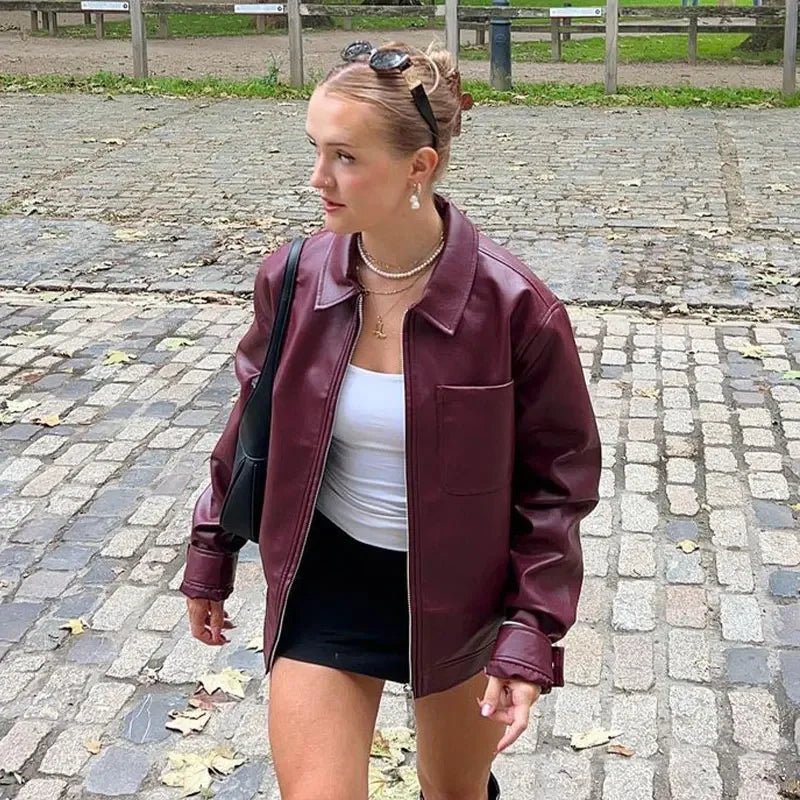 Women Red Lapel Zipper Leather Cropped Coat 2025 Chic Retro Loose Casual Short Jackets Autumn Fashion Motorcycle Leather Tops